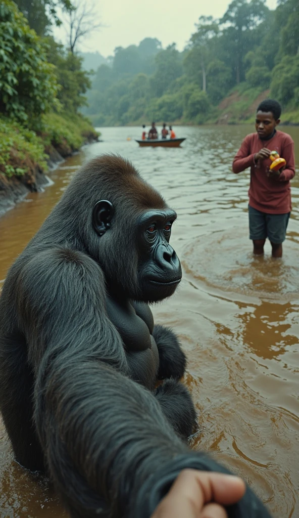 A gorilla wearing a tunic and straw hat, Looking at the ground with a hoe in his hand picking vegetables, cena do cotidiano, paisagem linda, highes definition, oriental farm background, prehistoric mood