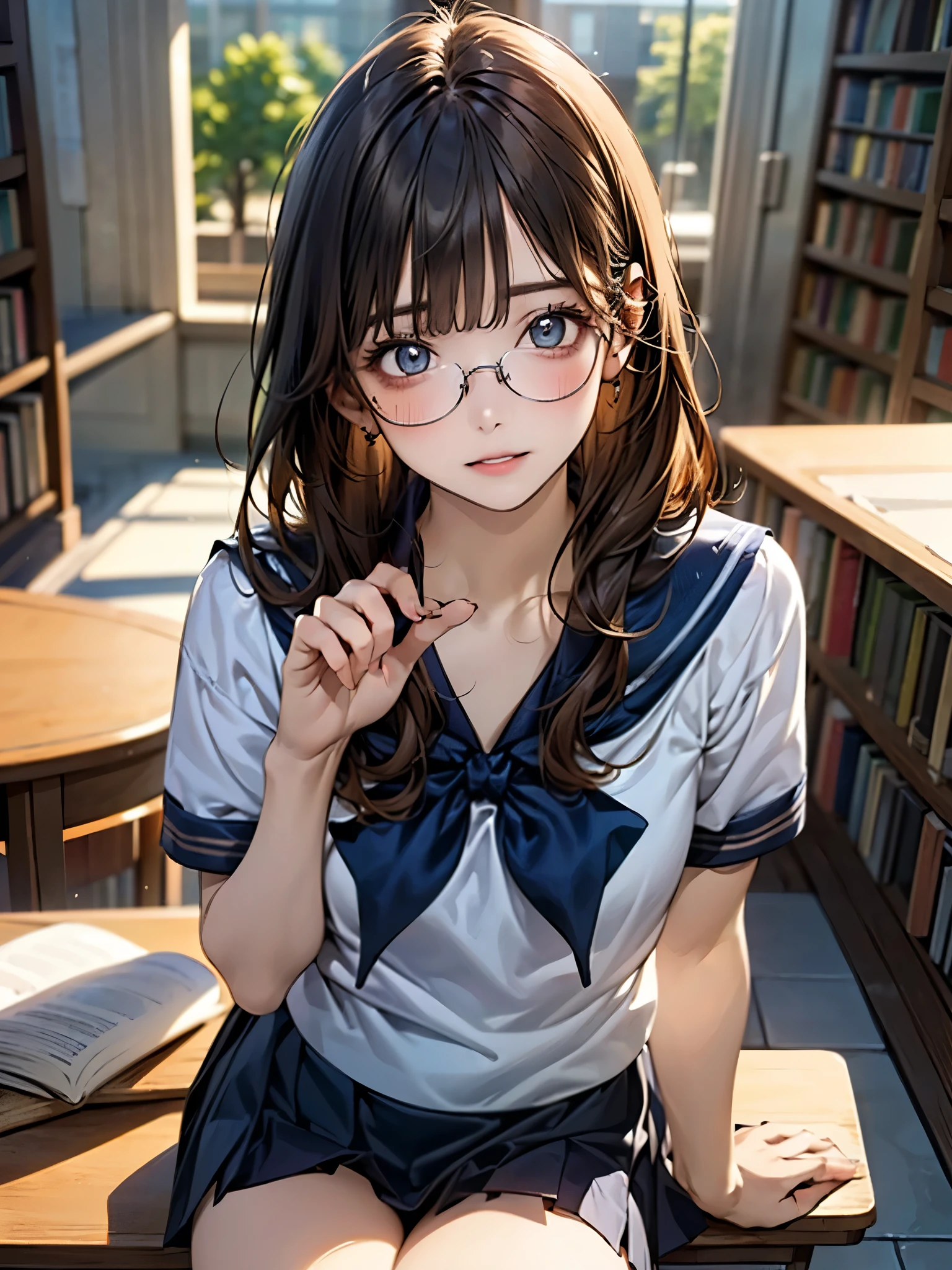 (masterpiece:1.3, top-quality, ultra high res, ultra detailed), (realistic, photorealistic:1.4), beautiful illustration, perfect lighting, natural lighting, colorful, depth of fields, , ,
beautiful detailed hair, beautiful detailed face, beautiful detailed eyes, (perfect fingers, five fingers, perfect anatomy, anatomically correct, super detailed skin), shiny skin, ,
looking away, ((cowboy shot)), 1 petite girl, junior high school girl, cute and symmetrical face, perfect face, perfect eyes, perfect body, babyface, cute face:1.2, round face, tiny,
(middle hair, one side up, brown hair), blunt bangs, light blue eyes, big eyes, long eye lasher, (medium breasts, seductive thighs), skin dentation,
(detailed cloth texture), break ((short sleeve sailor uniform, navy blue sailor collar:1.2, navy blue pleated micro mini skirt)), break ((dark blue sailor scarf)), break (navy socks), break (glasses),
(beautiful scenery), evening, (library:1.5), sit on a chair, ((reading a book)), (expressionless, parted lips)