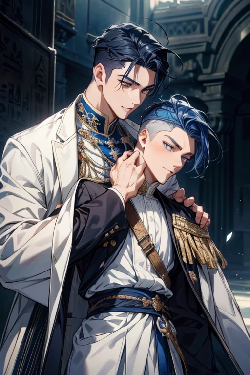 BL, two handsome, two boys, a boy with turquoise long hair and a boy with short lavender hair, masculine features, masculine body, muscular boys, pectoralis major, abs, star ornaments, space ornaments, beautiful, beautiful, colorful, fantasy, fantastic, mixture of medieval European aristocratic clothes and kimono, luxurious costumes, cuddling figures, sky with shining stars, constellations, two people floating in the air, Fantastic sky