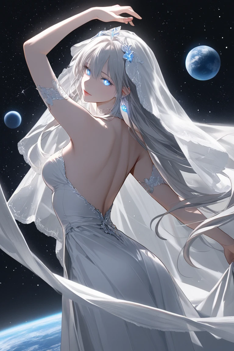 Masterpiece, (Best Quality: 1.2), (Super Fine: 1.2), Illustration, (Extremely Delicate and Beautiful: 1.2), Film Angle, Floating, (Beautiful Detail Eye: 1.1), (Detail Light: 1.1), Film Lights, Delicate Sky, Woman, White Hair, Blue Eyes, (High Ponytail: 1.1), Cloak, Glowing Eyes, (Moon: 1.2), (Moonlight: 1.1), Starry Sky, (Light Particles: 1.1), Fog , snow painting, sketching, blooming