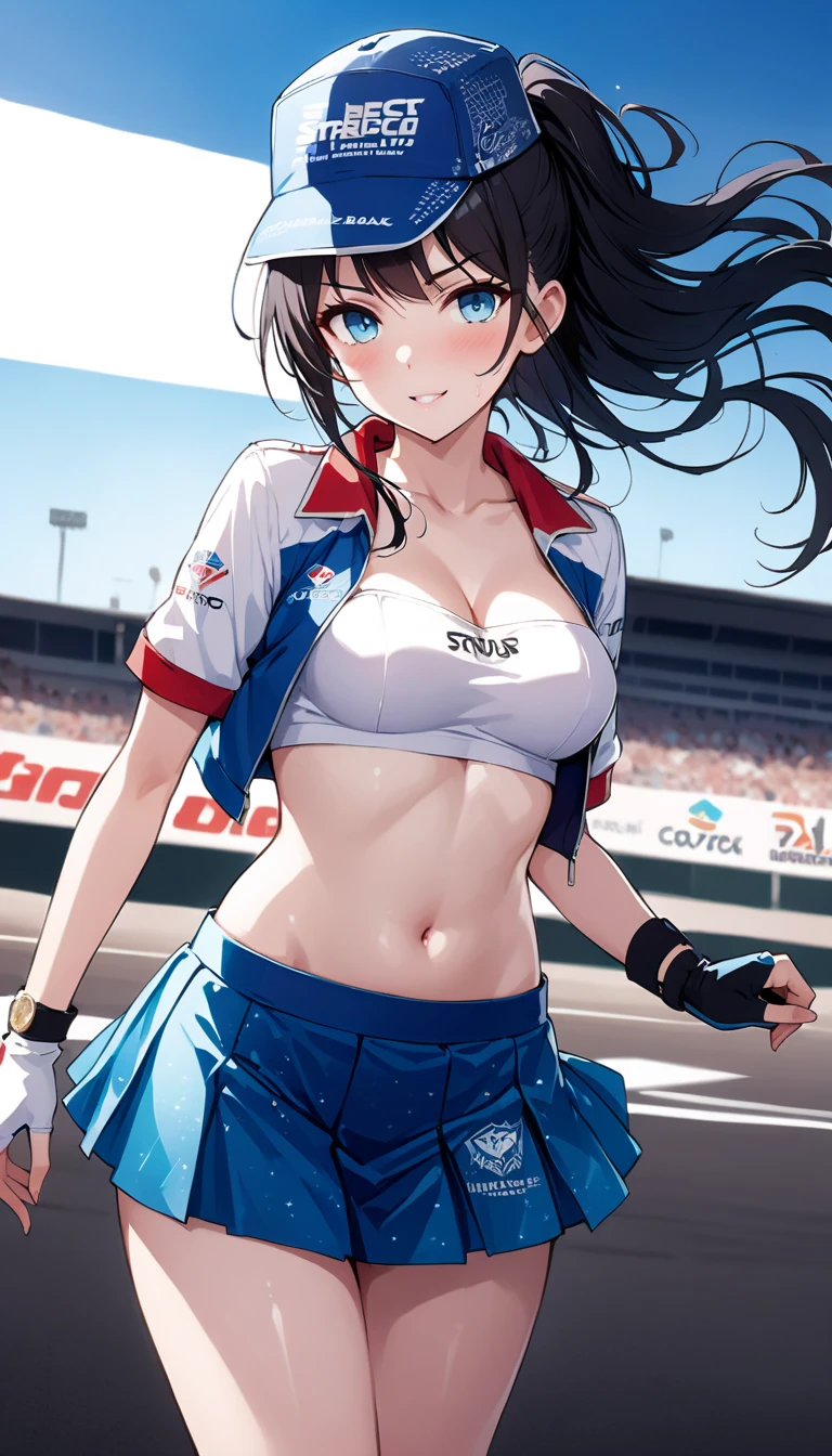 Ultra-high resolution, 1 Girl, 18 years old, (Idols:1.4), (Famous actresses :1.4), (Beautiful detailed face:1), Bangs, (multicolor floating hair), skin dentelation, Light makeup, (beautiful big breasts:1.3), (Sparkling Skin:1.1), Shiny skin, Long limbs, Slim, hanging chest:1.3, Narrow waist, medium hips, slim legs, Slim太もも, Dynamic Lighting, a face that suggests something sexual, Shiny texture, Lipstick, V-shaped eyebrows, V line jaw, Looking at Viewer, (Long Hair:1.3), (Perfect Face:1.4), ((Strong winds)), flowing hair, audience, (A shy smile:1.3), blue sky, (((Monte Carlo Street Circuit))), (((Racing Car))), (((Racing Bike))), ((promotion girl:1.3)), ((Grid Girls:1)), pink lip, Light makeup, (Detailed promotional costumes are intricately worn:1.10), lace up boots, Short sleeves, Cropped tops, ((short jacket:1)), (tube top bra:1), Knee-high, (((Nylon short sleeve jacket with many logos))), (Glitter long nylon pleated skirt with logo), Small Ass, ((promotional wear with logo:1.3)), (((Shiny silver and metallic gold glitter promotional wear))), fingerless gloves, Black Hair, Brown hair, Red Hair, Blue Eyes, (sweat drop:1), (Movement angle), Walking, audience,