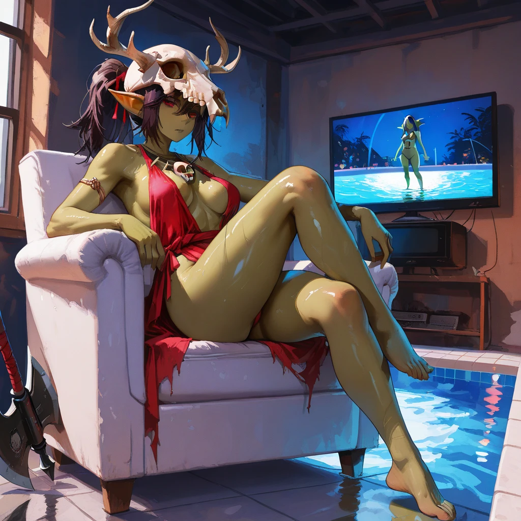 highest quality, ultra-detailed, highres:1.2. Meru the Succubus. Red skin. Yellow eyes. Short horns. Succubus tail. Sole. 1girl alone. Single character. Nudity. huge breasts. visible nipples. Laying on back. legs spread:1.2. freckles. black brown hair. outdoors. onsen bath. wet skin. dripping wet body. natural light. soft shadows.  
