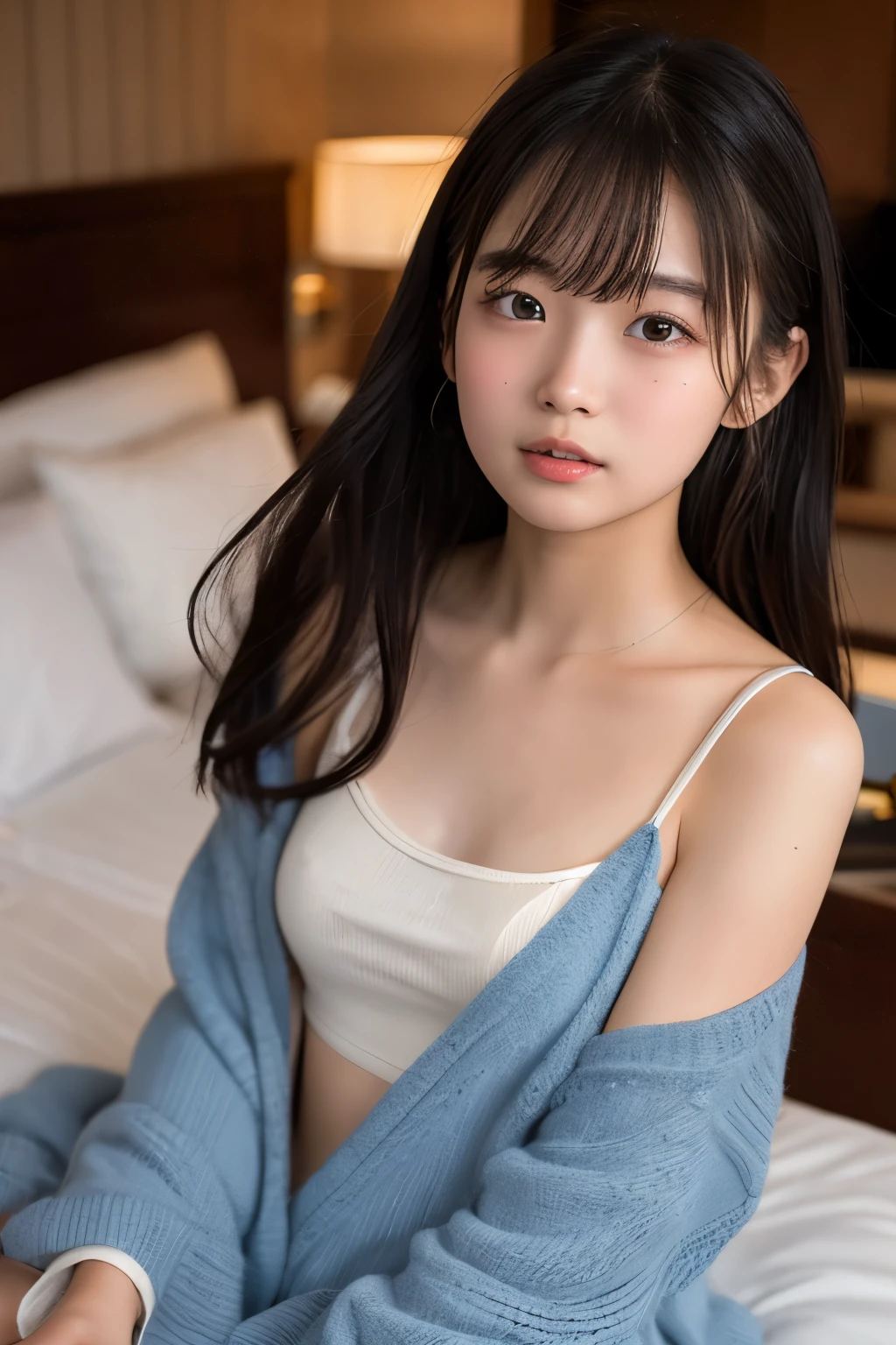 elementary school students、Lori Girl 、 Lori 、Lori Lori 、bound skin texture beautifully and accurately、 girl、Long neck、Notice、 Puffy Breasts 、 top quality 、 super high definition 、1 Character、whole body、 black hair、bangs、 staring at the camera、 Beautiful and Delicate Face 、 Fine and Beautiful Skin 、 skin texture、(The pubic area looks beautiful and detailed :0.6)、 lying on a hotel bed at night、( viewers are watching from above :1.6 )、 value、 anatomically correct 、Please describe your body accurately、