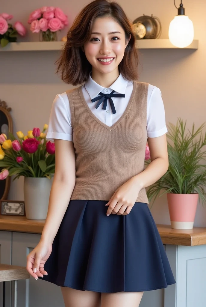 (masterpiece:1.2, Highest quality), (Realistic, photoRealistic:1.4), Beautiful illustrations, (Natural Side Lighting, Cinema Lighting), Written boundary depth,
Looking at the audience, Front view, 1 girl, English, high school girl, 18-year-old korean girl, Perfect Face, Symmetrical cute face, Glowing Skin, Leg spread,
(Bob Hair), Asymmetrical bangs, (Big eyes, Droopy big eyes:1.15), long eyelashes chest, thin,
Beautiful Hair, Beautiful Face, Beautiful and beautiful eyes, Beautiful clavicle, Beautiful body, Beautiful breasts, Beautiful thighs, Beautiful legs, Beautiful fingers,
((Quality fabric texture, Brown knitted vest, Short sleeve white collar shirt, Navy Pleated Skirt, Navy bow tie)),
(Beautiful views), evening, (Inside the flower shop), Are standing, (smile, Superior, Open your mouth), (((Skirt Lift, sexy_panties, Genitals are visible))), Full Body Shot, Dark blue socks,