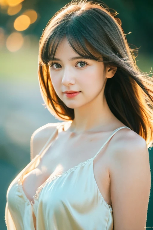 (Random Nationality):1.5, masterpiece, Highest quality, 8k, 20th Generation, (Large Breasts:1.2), cute, alone, sad, close, cute, Girlish, Delicate girl, Pure beauty,  RAW Photos, Professional photography, Portraiture, Soft Light, Professional Lighting, Backlight, Upper Body, avert your eyes, Sophisticated, Film Grain, (Eyes and facial details:1.0), Beautiful straight hair, Hair swaying in the wind, Silk blouse, Random hairstyle