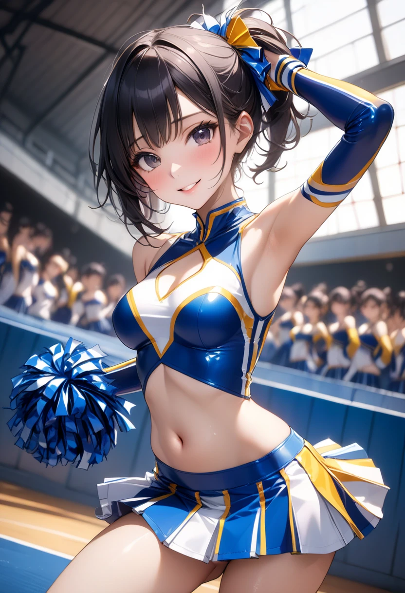 nsfw,((perfect anatomy:1.4,realistic,:1.3,RAW Photography:1.3,masterpiece、highest quality、Ultra - High resolution、High resolution、Highly detailed CG、8K)),cowboy shot,1 female,solo,20 year old beauty,((beautiful detailed face and eyes,big gorgeous eyes),dark brown eyes,open mouth,drooling,((brown hair,long hair,forehead,center parted hair:1.2、straight hair)),(medium breasts,slender body,small head:1.4,skinny,tan skin:1.4,gleaming skin,oily skin,shiny skin,sweat:1.4,standing split:1.5,standing on one leg:1.5、Arms holding legs), BREAK ,((Cheerleader,blue Cheerleader uniform,mini skirt、white panties,damp crotch)),standing split:1.5,standing on one leg:1.5, BREAK, Audience seats、arena、
