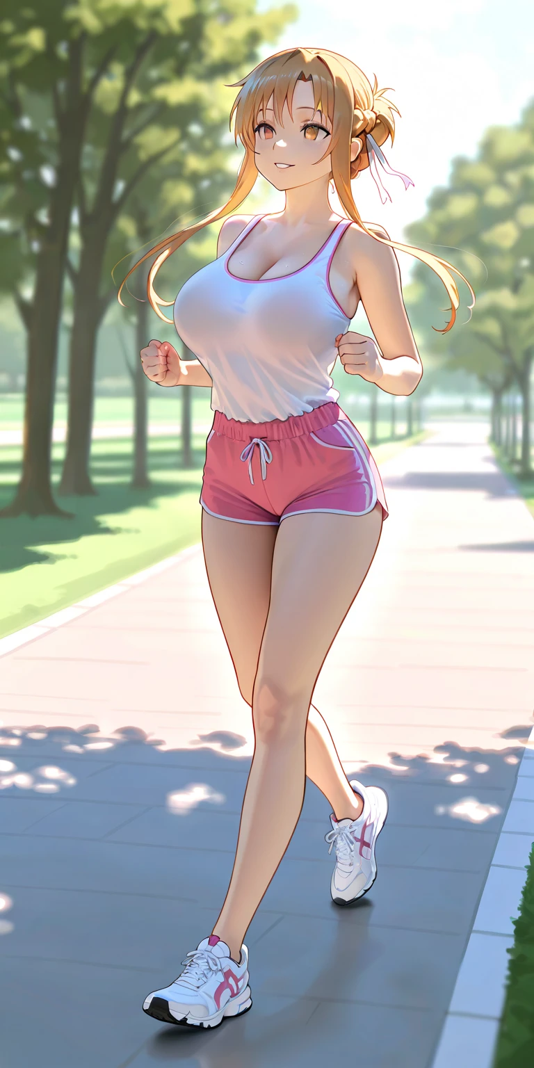 Shorts、Plain whitetshirt、running、Sweat、Riverbank、Blonde twin tails、Big Breasts、8-year-old