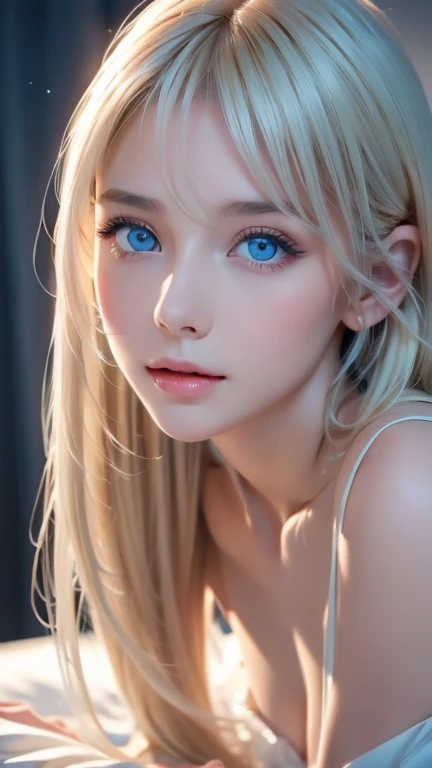 highest quality、8K Masterpiece、ultra high resolution、(photorealistic:1.3)、Raw photo、1 blonde girl、silvery hair、Glossy skin、1 Cyberpunk Super Beautiful Soldier、((Super realistic details))、Portrait、global illumination、Very beautiful, bright and shining light blue eyes that are huge、very big eyes、shadow area、octane rendering、8K、ultra sharp、beautiful breasts、The bare skin of the cleavage is exposed、Metal、cold color、、very intricate details、realistic light、CGSoation Trend beautiful eyes、Eyes shining towards the camera、neon details、small face beauty、Bright and beautiful skin that shines pure white、cheek highlights、long bangs between the eyes,