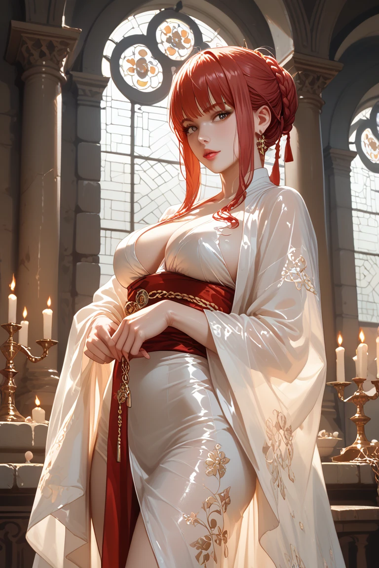 Young (princess), striking figure, long flowing ginger hair, wavy hairs, fair skin, freckles, (kolito), innocent and (regal appearance), expressive green eyes are filled with a mix of curiosity and determination, her slender frame, elegant grace, vibrant orange kimono with white and black decorations, ((very long sleeves)), cleavage, feather headdress, in a medieval bar