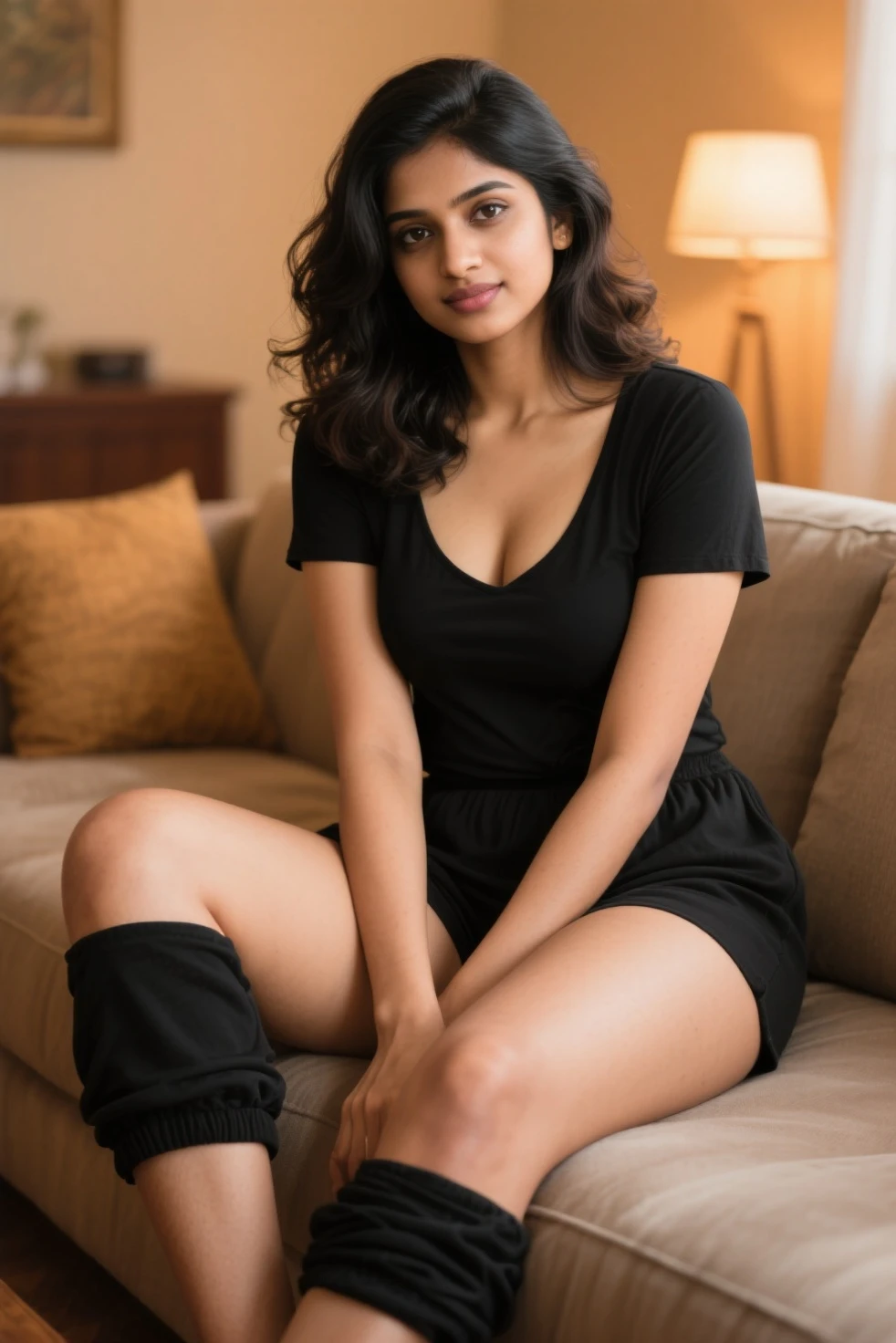 Young Malagasy woman with Indian features, shy and charming, long black hair, slightly curly, beautiful eyes and eyebrows, 22 years old, oval and natural and innocent face, makeup, on bike, blue t-shirt, black shorts, curly hair, body medium height with huge curve extremely beautiful and perfectly fitted, very beautiful body 1.85m, student, sitting on sofa, fireplace in living room, relaxed photos, A masterpiece, highest resolution, quality, detail, highly focused, professional image, ultra realistic, photorealism, photography, 8K UHD, photography