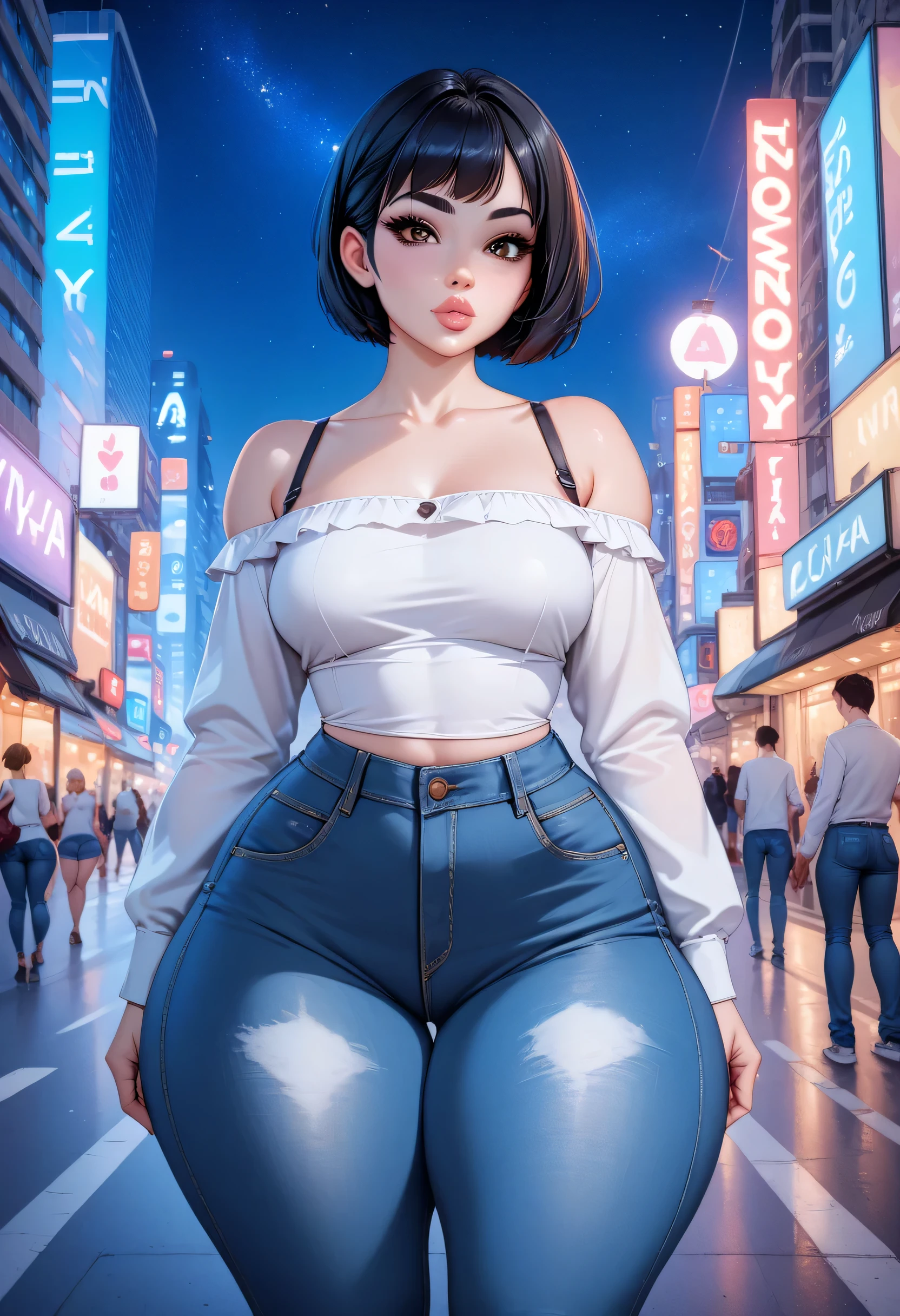 perfect body, black hair, short hair, black thin eyebrows, brown eyes, black eyelashes, black eyeliners, nose, thick lips, collarbone, medium breasts, (white off-shoulder long sleeve shirt), (blue denim jeans, short jeans), (thick thighs:1.3), (standing), ((night sky, new york city, street))