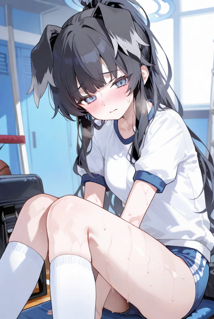 masterpiece, ultra quality, ultra sharp, ultra detailed, 1girl, solo, (((good anatomy))), haduki kurumi, shiny skin, (tattered torn dripping wet white gym shirt), navy gym pants, animal ears, randoseru, name tag, Japanese anime pose, laugh, BurumaShorts, Buruma, Gym Uniform, (((sitting, squatting, spread_legs, legspread, split_legs, spreading legs)), (randoseru backpack:1.4), (embarrassed, jitome:1.4), buruma, blue buruma, black buruma, (cameltoe), (tattered torn short sleeve white gym uniform with colored hem), (tiny nipples), (white long loose socks), strong lighting, legspread, bukkake, cum on clothes, cum on legs, cum on buruma, cum on bloomers, (spreading pussy by hands)