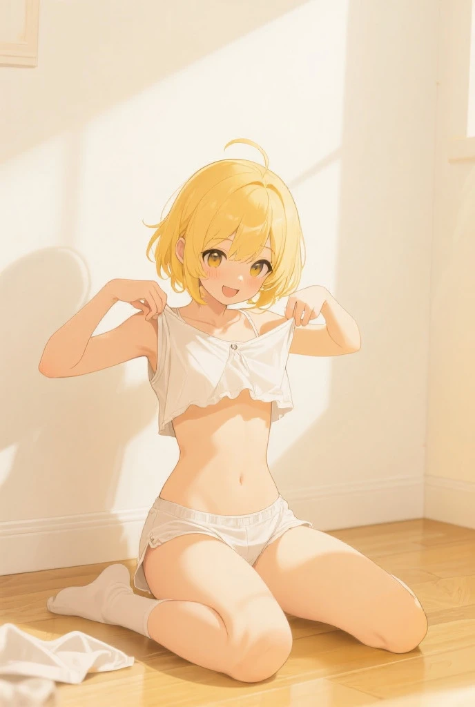 (realisitic: 1.4), (masterpiece, side lights, Fine and beautiful eyes: 1.2), masterpiece*portlate、realisitic, 3D 顔, Luminous Eyes, Shiny hair, Skin falls out, 独奏、embarrassed from, (Upper abdomen), White underwear, (small tits)、blonde hair、(A Princess)