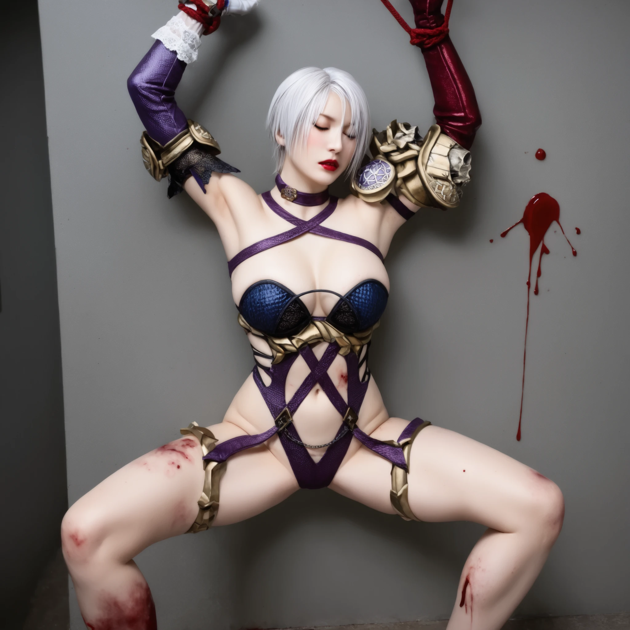 Ivy - Soul Calibur,((solo)),花澤香菜、realistic skin texture,ultra high res,high resolution, detailed, raw photo,Isabellaxl,white hair,blue eyes,hair over eye,lipstick,choker, single gauntlet,purple leotard,single shoulder pad,elbow gloves,skull ornament, solo,,Abandoned Castle,((blush HanazawaKana open thighs wide_spread_legs manspread)),((torn costumes)),((damage)),((injuries)),((bruises)),((red blood)),((restrained)),((BDSM)),SM,((torture)),大股開き,arms up, spread arms, spread legs, spread thighs, open thighs,((bloody bruises thighs1:1.2)),(blood from mouth),choker, handcuffs,(('s thighs are spread open by fetters)),拷問部屋の天井、ceiling of torture chamber,((bloody bruises arms1:1.2)),closed eyes,head down,heavy breathing, hanging breasts,
