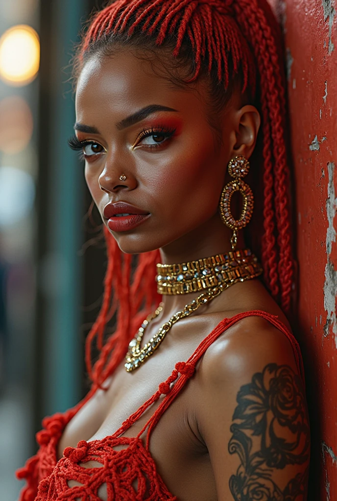 best quality, masterpiece, red  hair, blue eyes, upper body, l Gorgeous background, 2 black girl with big tittys tight shirt cute brown  eyes with a little bit of tattoos in between her chest, outside with  chain on  dark red curl hair wit money in her hands

highly detailed skin, 8k uhd, DSLR, soft lighting, high quality, film grain, Fujifilm XT3.
