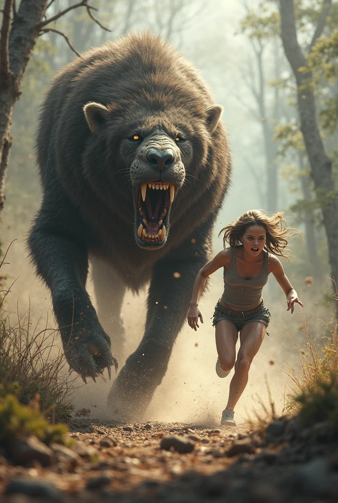 A woman being grabbed by a giant cat