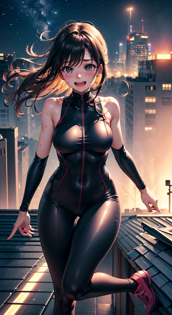 masterpiece, best quality, 1girl, superhero, leotard, bare legs, knee boots, matching boots, heroic, city backdrop, standing, body infused with energy, light particles, solo, single, cowboy shot, perfect anatomy, using her powers, long hair
