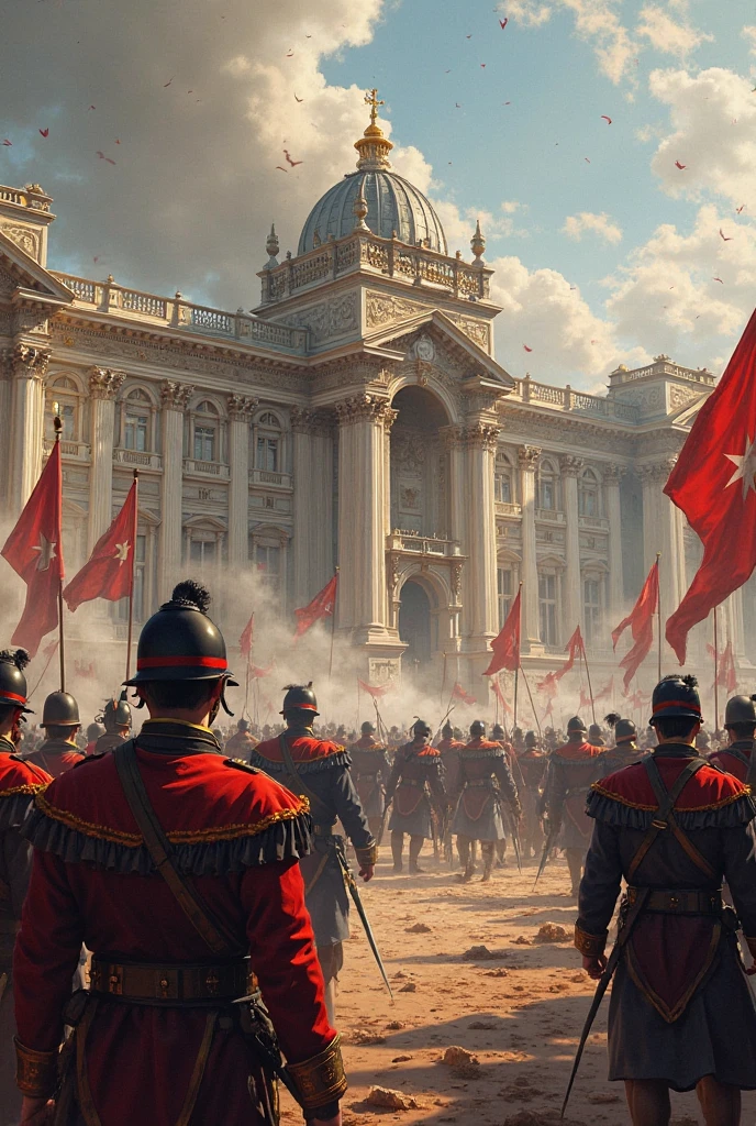 Masterpiece, of the best quality, a lot of soldiers in military uniform, red and white military flags, marble streets lined with tattered civilians, black towers in the center of the picture, --auto --s2