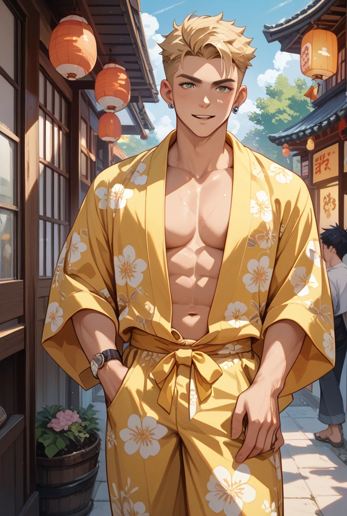 A handsome tall man dancing, He is 28 years old,Thin waist,The pectoral muscles are well developed, He is 175cm tall,Weight 62 kg、yellow-green eyes、brown hair color、short hair、Shirtless、((underwear,thigh))、looking into camera,Gangster,Late Night,Japanese-style room,Tatami,Japanese flowers,Paper doors,lantern,Kimono top,pocket cloth,Gorgeous black Japanese totem tattoo,(super high angle shot),Gorgeous Japanese totem background,Japanese flower arrangement,Japanese-style screen,Rich scene decorations,((((men bulge))))