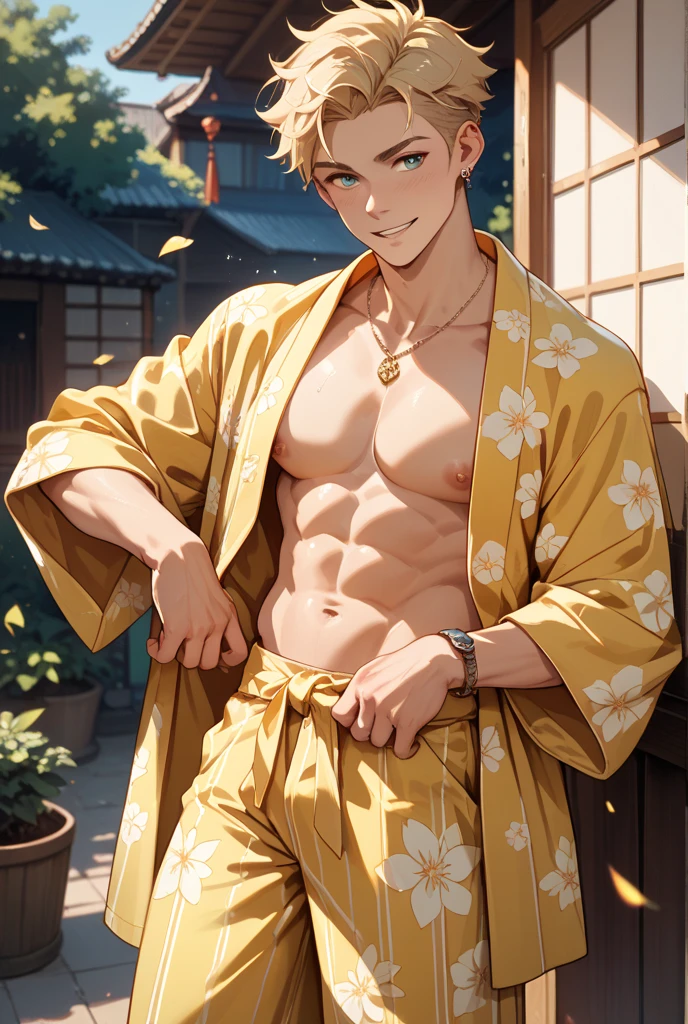 absurdres, highres, ultra detailed, HDR, master piece, best quality, Quincy, blond messy short hair, expressive orange eyes, Nu Carnival, solo, sexy man, handsome, fantasy black haori, accessories, showing the chest, forest, magical, petals, flowers
