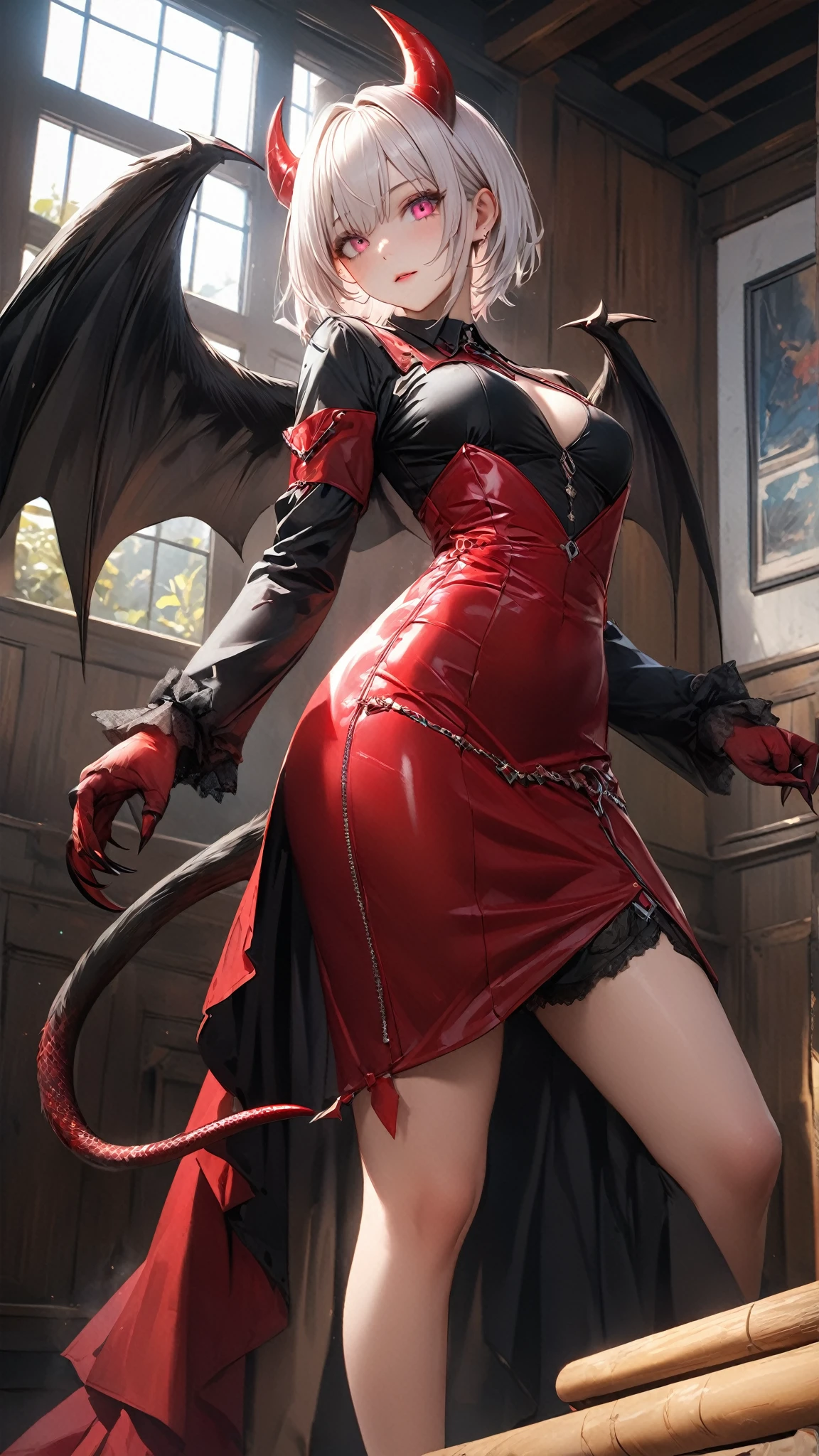 Mosquito woman (red black) futuristic monster, super big breasts, monster armor, muscular body, ((monster shell lingerie)),