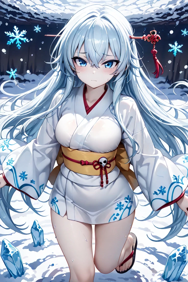 Standing portrait, full body, anime style, anime CG style, gal game CG style, pale skin, single woman, woman around 40 years old, adult woman, mature woman, pastel blue hair, long hair, standard bust, normal bust, medium bust, snowflake hair ornament, snowflake accessories, snow patterned kimono, women's geta, bare feet, {{nsfw}}, masterpiece, high resolution, high quality, plain transparent background,