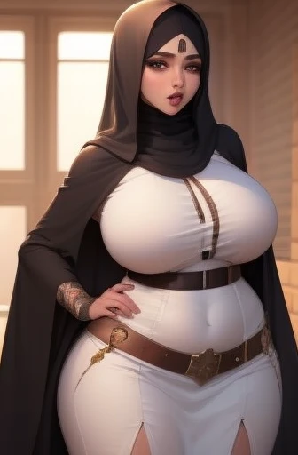 Overhead view, sexy curvaceous gothic Muslim woman (massive breasts, dark areolas, arousal, euphoric look, visible nipples: 1.3) in a baby blue pinstriped leather corset wearing a hijab laying on a bed legs spread, putting her finger in her wet pussy.