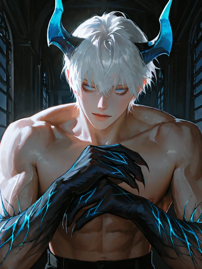 8k, complex, elegant, highly detailed, majestic, digital photography, surrealist painting, beating magic, winding lightning, (masterpiece, side light, fine beautiful eyes: 1.2), HDR, (glowing blue eyes)), naked upper body, (glowing tattoo), handsome boy, white hair, muscles, blue skin, demon horn, raining, handsome, face to camera, masterpiece