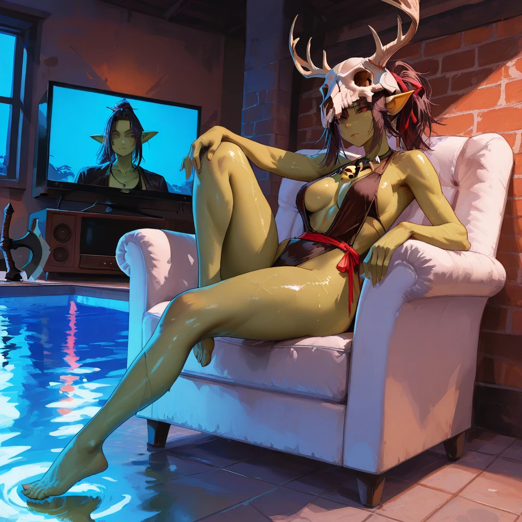 score_9, score_8_up, score_7_up, score_6_up, Spa, bathtub, crossed legs, washing her body, night, looking at viwer,  leg up, front view ,BREAK solo, 1girl, elora, faun \(spyro\), red hair, mammal, anthro, deer, nude, naked, hooves, medium breasts, blushing, shy smile, nipples, hot water