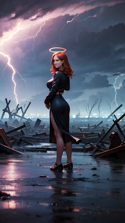 (Very realistic image), Centerpiece, masterpiece, Ultra detailed, High quality, 4k, complex, expert, Center, (volumetric lighting), beautiful, masterpiece, (ultra detailed landscape), (landscape sharp), (sharp image). (dark theme:1.3), (dark:1.3), photorealistic artwork of a (1 beautiful 30 year old Russian girl:1.3), (gothic girl:1.5) (in front of a mausoleum door:1.3) (in a cemetery surrounded by dark jungle:1.3), dramatic colors, (full red moon in the sky:1.5), beautiful lighting, extreme shading, epic, breathtaking, (powerful thunderstorms in the sky:1.5), mysterious, (darkness), (darkness), (big red lightning in the sky:1.8), depth, great composition, (surreal sky:1.3), spell, long exposure. beautiful (black trop top:1.5) and (short red skirt:1.5) very detailed, (long straight blonde hair:1.5), (cleavage:1.5), (nice thigh:1.3), (nice belly button:1.3), (nice face:1.3). (long medium shot:1.5), (low angle:1.5)