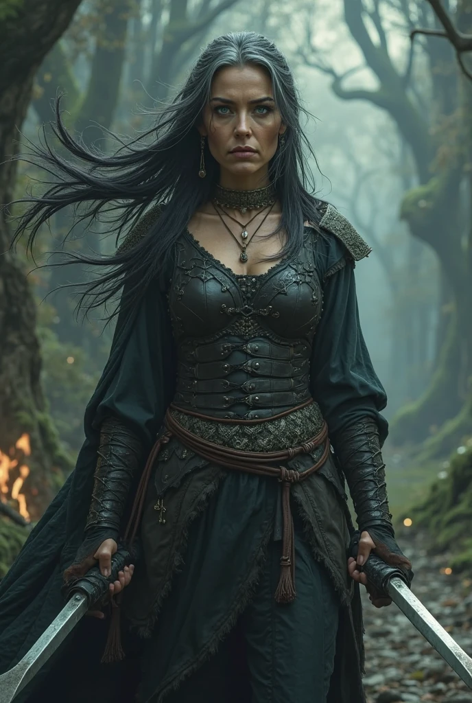 Female viking warrior wearing black leather armor, showing cleavage, full length