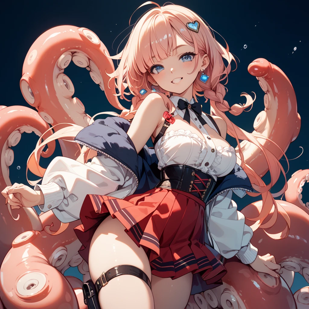 NSFW, Tentacles pinching nipples, Tentacles inserted vaginal sex, In the body of the creature Tentacles crawling to lick all over the girl's body, Tentacles like penises jostle and restrain the girl from behind, making her peel off her shirt and squeeze her breasts, (The tentacles wrap around the girl's arms and thighs:1.3), The penis-like tentacles monster viewer involuntarily inserts his penis into the girl's vagina, Legs suspended by a large number of tentacles wrapped around the girl's thighs, Background as if squirming inside a tentacle body, Tentacles like penises during ,Tentacles inserted from the girl's mouth to the back of her throat, The girl's whole body is covered in the mucus of the tentacles crawling all over her, (Masterpiece, Super realistic, Super details, Super Highest Quality, Super Highest Quality), super cute and beautiful girl, You are male professional photographer, Japanese gal, For dark brown eyes, Blonde yellow hair, Pink ribbon, gal make-up, False eyelashes, Pearl pink lips, Unbuttoned out Hemmed sailor red open collared open front white shirt, (Very thin shirt:1.3), beautiful side face focus, big open mouth, (brown eyes:1.4), big round chest, BREAK, (Half down two side up blonde very long hair style:1.4), (Wider at the hem flabby large in size Super Loose Socks:1.4), An innocent 16-year-old girl, evil smile, (skin fang:1.2), realistic cute Japanese girl, standing pose, wear white unbuttoned shirt, low-rise pleated plaid micro mini skirt, Japanese cute girls, long hair, blonde hair, two side up, hair ribbon, pink ribbon, frills, opened sailor collar, necktie, white shirt, long sleeves, red skirt, loafer, (frilled hemmed outfit:1.3), cleavage, half closed eyes, very wet Tentacles that wrap around legs up and arms and stomach, Whole body covered with mucus, Mucus dripping from tentacles, very big open mouth tongue out, (tearful expression:1.4), orgasming, Display the effect of a body jolting and shaking,
