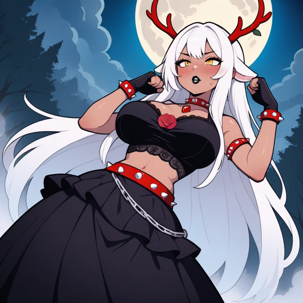 1girl, furry, wendigo, huge breasts, long flowing dress, cleavage, plump, deep cleavage, hair tied up, lipstick, bending over, gigantic breasts, sagging breasts, deer antlers, white hair, pale skin, red eyes, in dark forest, smug look, black claws, glowing eyes, milf, big belly, full belly, massive belly, soft belly, gigantic belly, huge antlers, crazy eyes, crazy smile, pinning viewer down, bloated, massive, massive cleavage