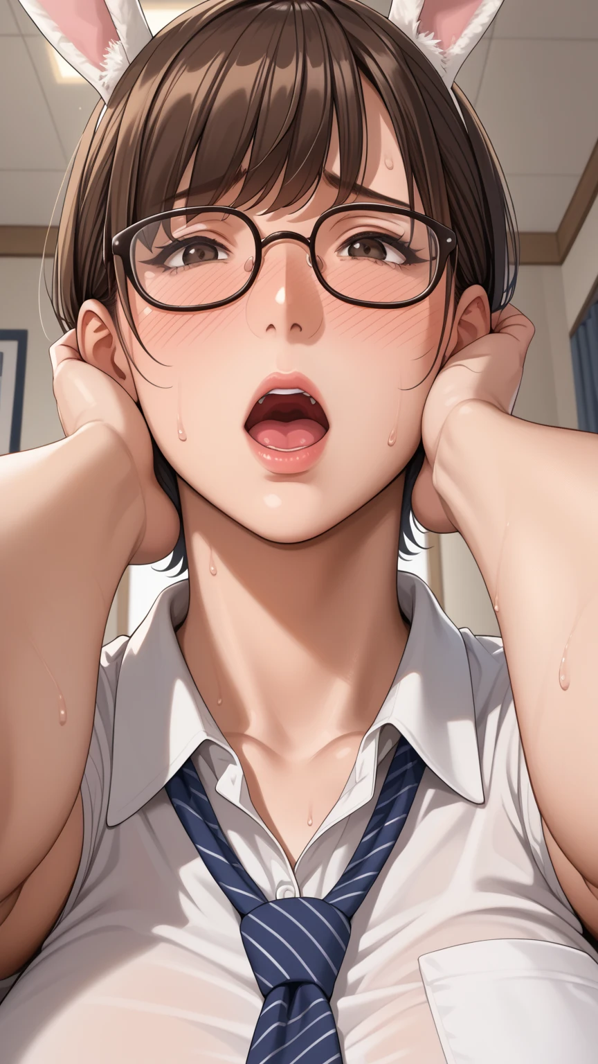 Erotic、Bedroom、naked、Glasses、A woman with a penis growing out of her crotch、semen、Sweat、、Troubled expression、Embarrassed expression、!Jolt!!Jolt!!orgasm