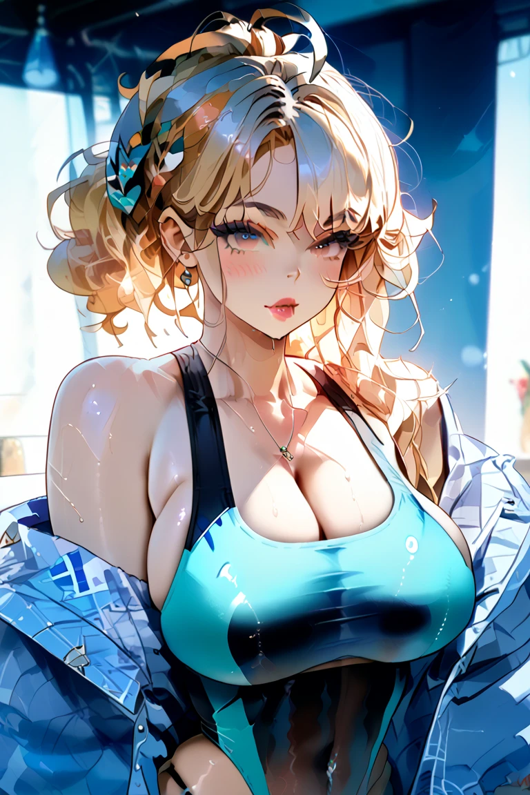 top-quality、Top image quality、masterpiece、girl with((18year old、Best Bust、big bast,Beautiful blue eyes、Breasts wide open, Blonde ponytail、A slender,Large valleys、black sweater with open chest、White pants、Ruby Earrings、astonished face、arms in arms))hiquality、Beautiful Art、Background with((theme park、Beautiful aquarium、Blue lighting、shark)))、,masutepiece、visualart、depth of fields、