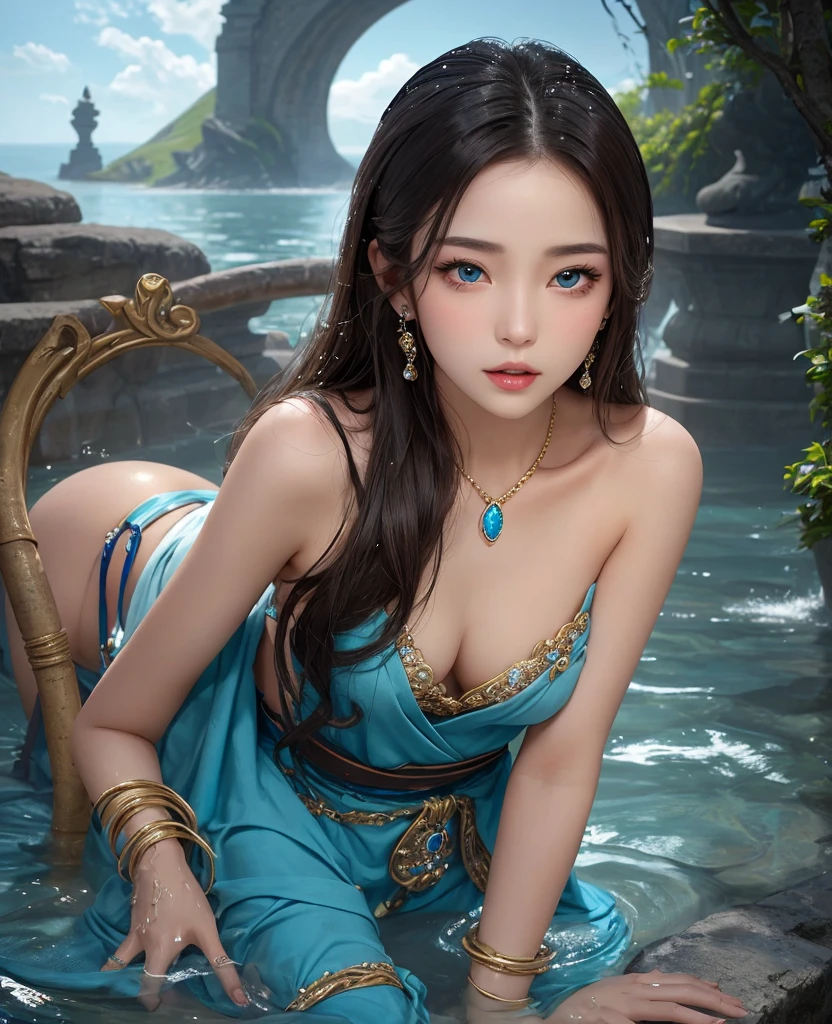 Like the picture,Dynamic Lighting,Art Station,(Photorealistic:1.2), Poster, 4K, (Front Focus),Fantasy art,Surrealist female portraits by David Hockney and Alphonse Mucha, One girl, 20-year-old, (Sexy Woman)、A kind smile、Very beautiful face、Highly detailed face,Eyes confused、It's tempting, (Super huge boobs)、((Attractive pose))、Sweaty skin、Skin irregularities、Brown braided long hair、Sexy thighs,Big breasts and small waist、belly button、Crotch gap、Thighs Thighs Thighs Thighs、A toned and firm butt、Quite curvaceous、Legs open, (Light blue luxury lingerie with sexy embroidery)、(Fine pink lingerie outfit with sexy embroidery)、(Fine pink lingerie with embroidery with little fabric)、High Quality Jewelry, With diamonds,Expensive earrings、Exquisitely designed necklace,Volumetric Lighting,In the Dark, Deep Shadow, Cowboy Shot, In the background is a large Western castle、Blur the background、