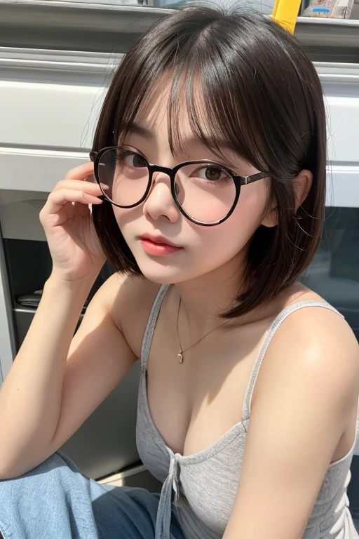 （realisticlying， A high resolution：1.3）， 1 girl with a perfect body， Super fine face and eyes，long whitr hair， Tank top of random colors：1.2， Wear a uniform， in a cafe， Coffee on the table， huge tit，Expose cleavage，Air bangs short hair，wears glasses，pendant，