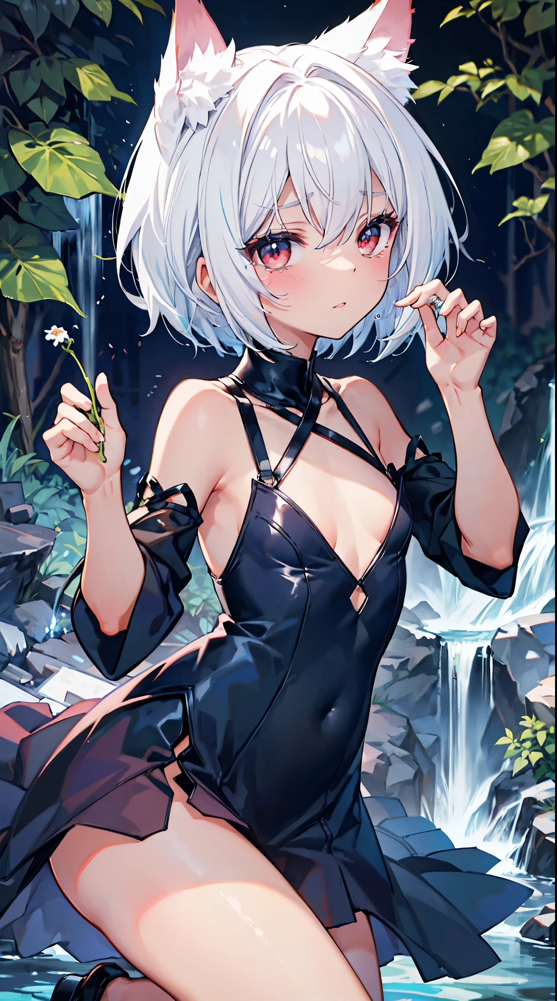 top grade 、white hair、short hair,red eyes、Beautiful Girl、Petite、Cat ears,flat chested,naked,Night Forest,waterfall,watery eyes,crying face,ivy