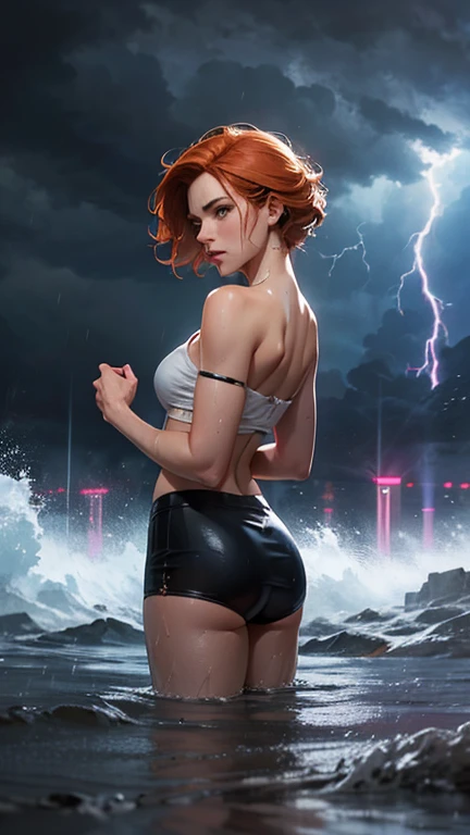 ((highest quality)), ((masterpiece)), (be familiar with), Perfect Face, (High definition), (Best Shadow), 8K, Cinematic, (Realistic:1.4),dramatic, ((A woman straddling a tombstone)), (Red hair), ((extra short hair)), (Eyes closed), (Mouth open), (Anguished expression:1.0), (Pure white skin:1.1), Voluptuous body, (Large Breasts:1.1), Narrow waist, Big Ass, Alluring, Drenched white tank top, barefoot, Rain on the skin, Boneyard, 土葬のBoneyard, (heavy rain:1.4), Heavy rain in the middle of the night, (steam:1.4), View from behind, ((Buttocks up))