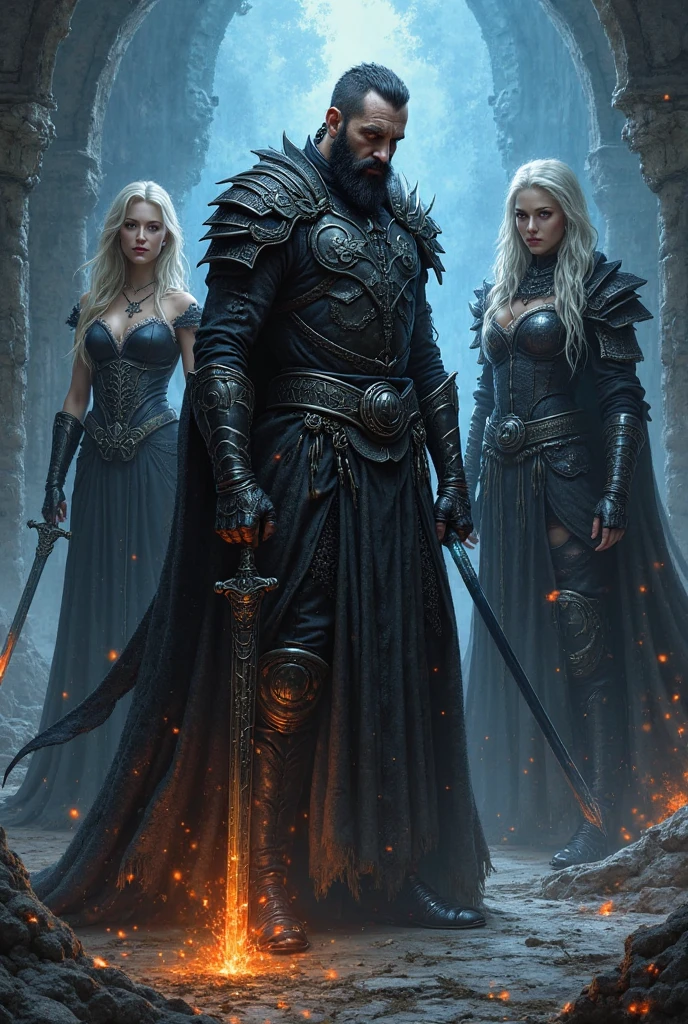 
**Scenario:** An epic and immersive landscape, perhaps a battlefield at dawn or a resting area by an enchanted river, with an atmosphere that reflects the tension and hope of the journey.

1. **Azazel Lysara**
   - **Appearance:** A young man of imposing appearance, with dark hair and an enigmatic aura. He wears black armor with silver details that shine in the light.. His expression is serious and determined, and he carries the Dagger of a Thousand Demons in one hand.
   - **stance:** Firm and confident, perhaps with an outstretched arm, indicating leadership and command.

2. **albedo**
   - **Appearance:** An extremely beautiful figure with silver hair and glowing red eyes. She wears clothes that mix elegance and sensuality., like a leather dress with subtle red accents.
   - **stance:** She is next to Azazel, with a seductive look and a confident posture, perhaps with a hand resting on Azazel&#39;s shoulder or in a gesture of support.

3. **moonligh**
   - **Appearance:** An elf with ethereal beauty and long, silver hair. She wears a flowing dress that seems to blend with the moonlight.. His eyes are kind and expressive, reflecting her role as a healer.
   - **stance:** In a calm and welcoming posture, perhaps holding a magic staff or with outstretched hands, as if offering healing or support.

4. **Bóros**
   - **Appearance:** A sturdy, solid-looking dwarf, with a thick beard and a sturdy suit, typical of dwarves, with several bottles of drink hanging. Your face is youthful and cheerful.
   - **stance:** in a relaxed posture, maybe holding a mug of beer, with a wide smile, reflecting his role as friend and mentor.

5. **Blake**
   - **Appearance:** A dark looking human, with dark hair and a piercing gaze. He wears light, functional clothing., adapted for combat. His eyes convey a mixture of loyalty and mystery..
   - **stance:** standing, with a defensive stance