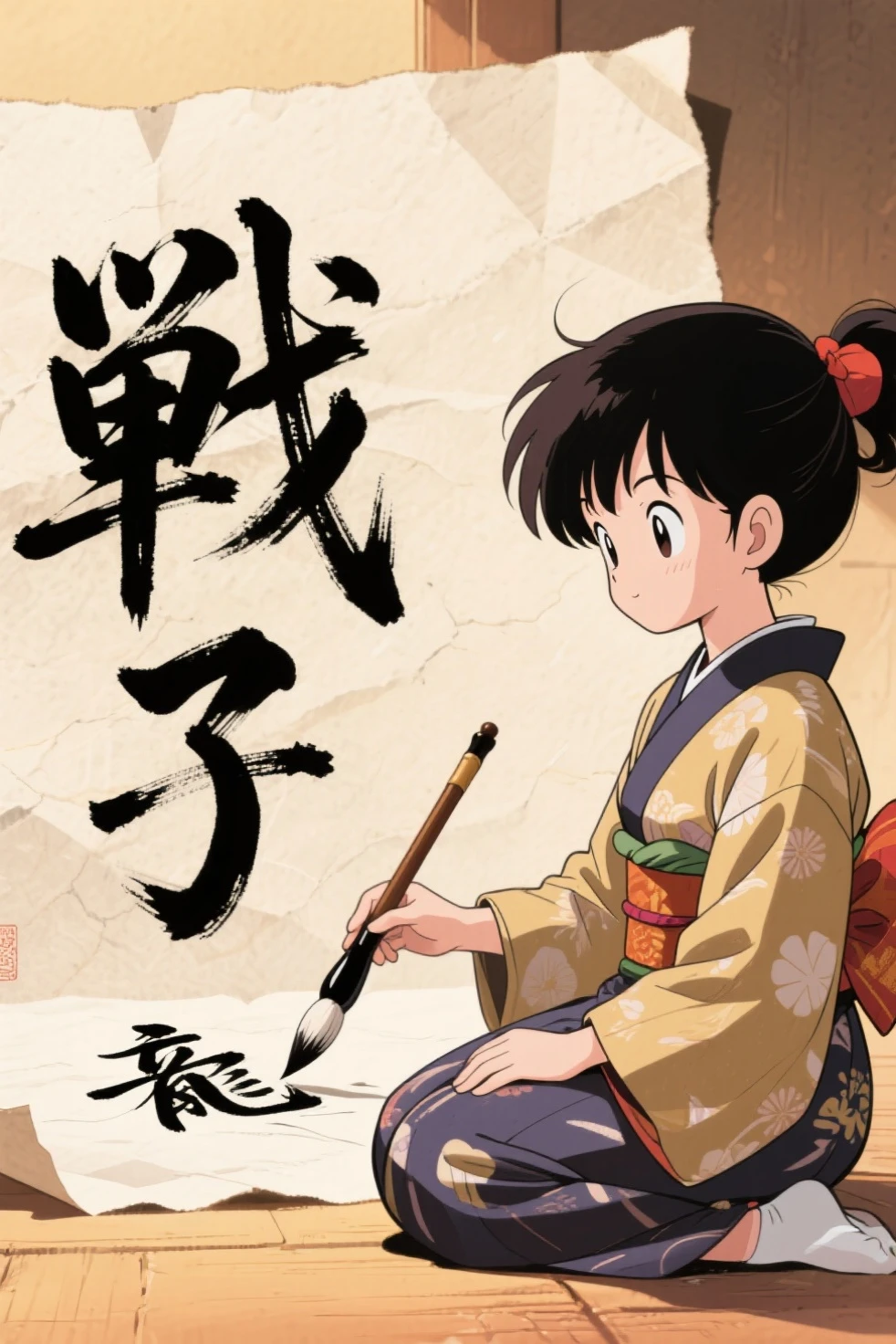 1girl,siting,chichi ,dragon ball,writing using a brush in paper,text is "戦う" in black stroke