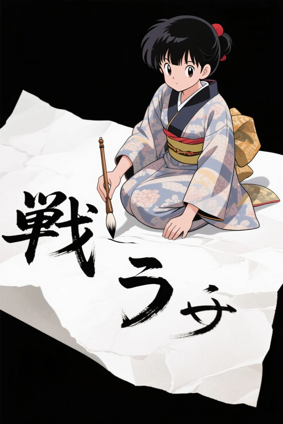 1girl,siting,chichi ,dragon ball,writing using a brush in paper,text is "戦う" in black stroke