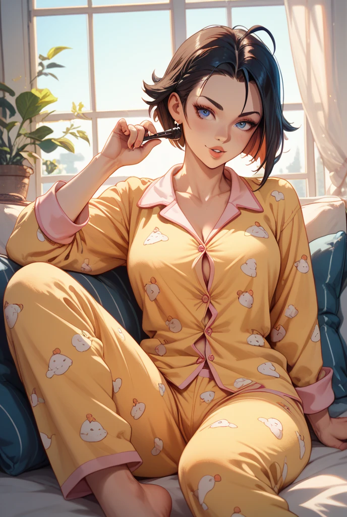 ((Best Quality)), ((Masterpiece)), (detailed), best friend, big tits, fox pajamas where the zipper is a little uncovered, showing a little the scratch that exists between her two breasts, showing the top of her breasts, smiling blushing, short, curly shoulder-length hair,black hair, blue eyes, beautiful, beautiful, sexy, sensual, perfect body, pajamas, sitting on the bed looking at the camera , camera looking from bottom to top, she sitting, at night, orange pajamas
