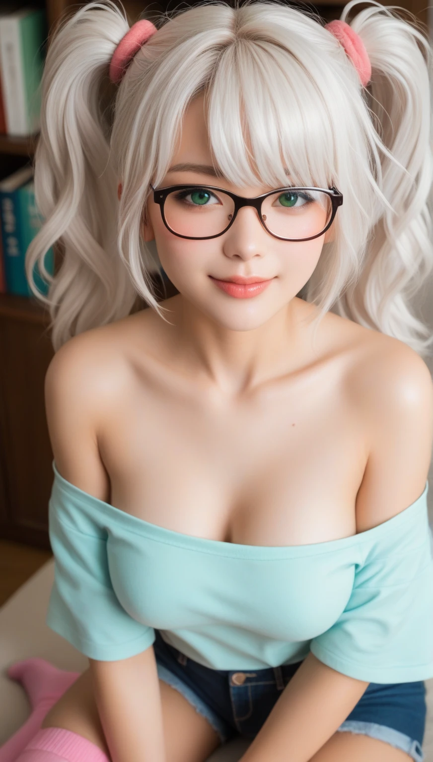 (Highest quality), (Ultra-high resolution), (Realistic), Japanese, 1girl, cute, pool, white hair, lipstick, eyeshadow, eyeliner, ((drunk)), choker, red frame eyewear, squatting, spread legs, Slim Body, sandal, shy smile, drunk