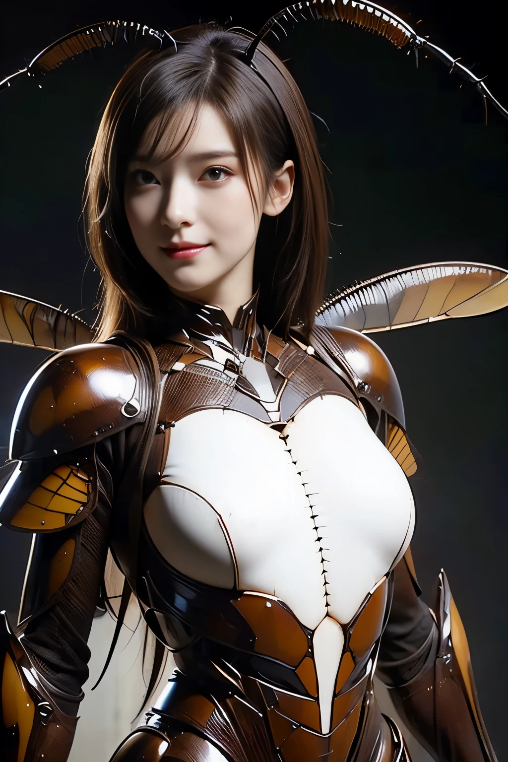 (high resolution,masterpiece,best quality,extremely detailed CG, anime, official art:1.4), realistic, photo, amazing fine details, all intricate, gloss and shiny,awesome many layers, 8k wall paper, 3d, sketch, kawaii, illustration,( solo:1.4), perfect female proportion,villainess, (fusion of dark brown cockroach and lady:1.4), (brown cockroach form lady:1.2), (brown cockroach lady:1.2), (fusion:1.2), (solo:1.4), (evil smile:1.2), muscular, abs, (cockroach brown exoskeleton bio insect suit:1.4), (cockroach brown exoskeleton bio insect armor:1.2), (brown transparency cockroach wing:1.4), (brown cockroach antennae:1.3),
