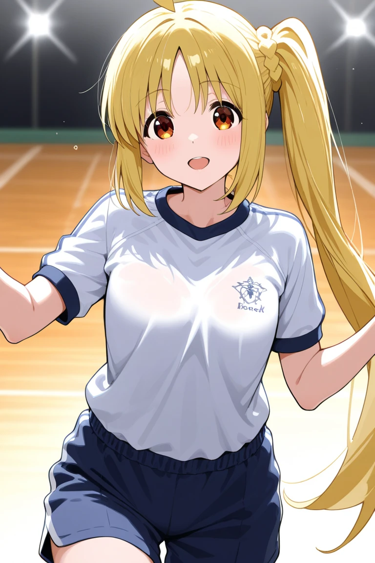 <lora:gs_priestess:0.4> gs_priestess 1girl, blonde hair, reaching out, <lora:_TrueBuruma:0.4:lbw=DF> black buruma, white gym_uniform, white high socks white shoes