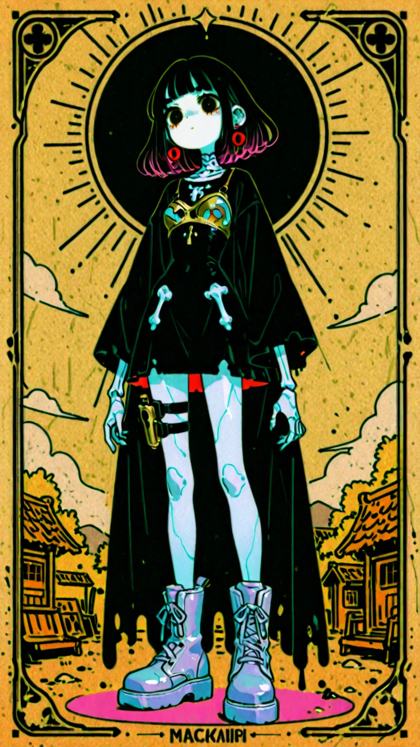 ((Hardcore Punk boy))、((hell)), ((metal band poster)),cartoon style, Horror elements, Comic book style illustrations, (drawing style), Japanese painting, full body (Spooky), primitive art, circus, crazy illustration, flat illustration、small eyes, white clean background 