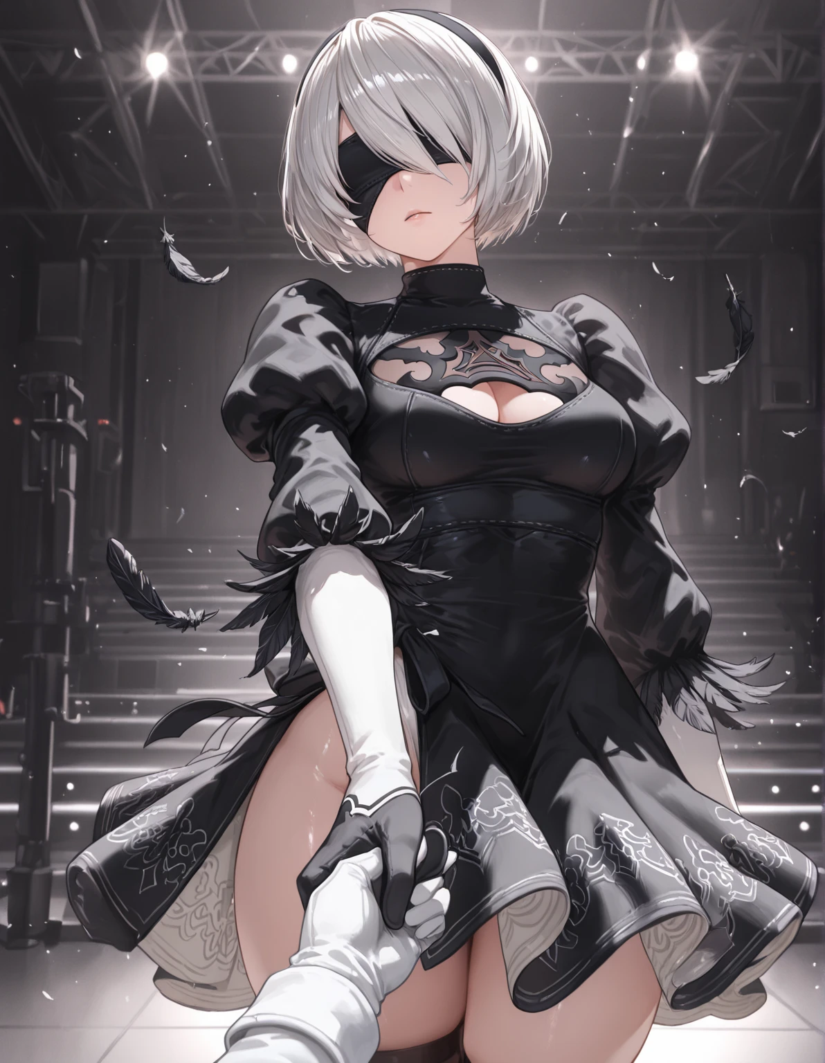 masterpiece, best_quality, 1girl, solo, yorha no. 2 type b, black blindfold, blindfold, skirt, black skirt, thighhighs,