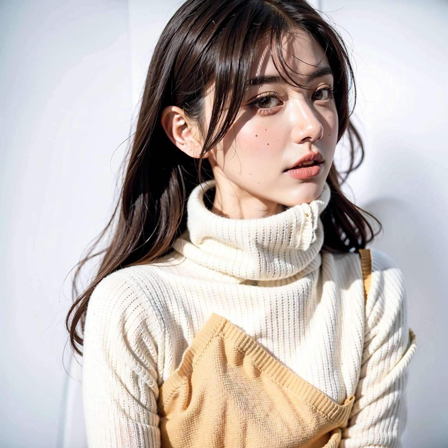 (((masterpiece, best quality,ultra-detailed,8k,high resolution))), (upper body),24 years old ,Japanese girl, 1girl, short hair,turtleneck sweater,(((grabbing turtleneck collar))), (Half a face out of a turtleneck sweater:2),(long turtleneck)