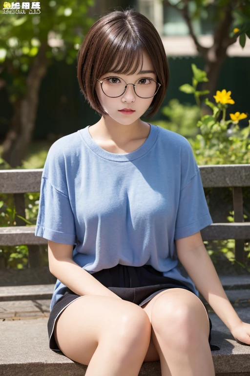 detailed_background, realistic, 1girl, looking at the viewer, sitting on bench, abandoned house, nighttime, back against the wall, eyeglasses, blushes, cap, bob_cut, bangs, white t-shirt, cleavage, big_boobs, small waist, denim, mini skirt, bare legs, thighs, thicc_thighs, knees, side view, view from below,